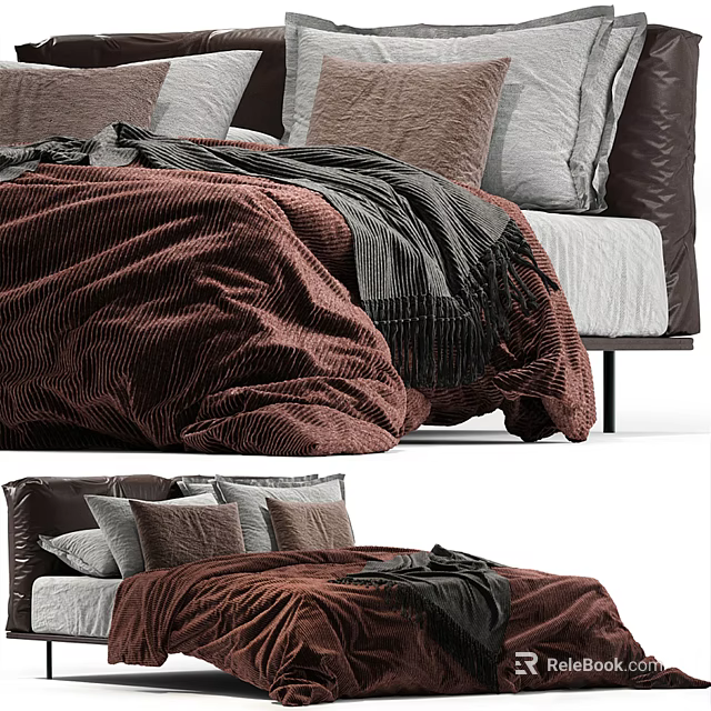 Cozy Double Bed With Brown Velvet Quilt Gray Brown Pillows And Dark Blanket 3d model 