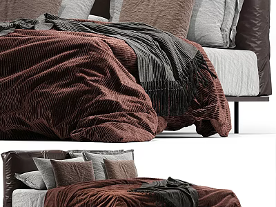 Cozy Double Bed With Brown Velvet Quilt Gray Brown Pillows And Dark Blanket 3d model