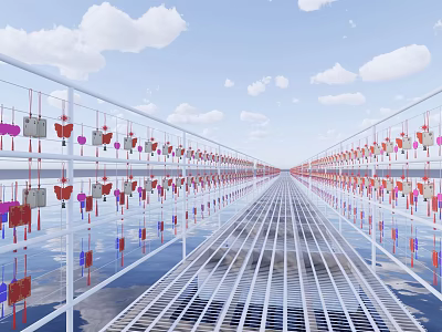 White Grid Bridge With Heart Decorations On Both Sides And Blue Sky Background 3d model
