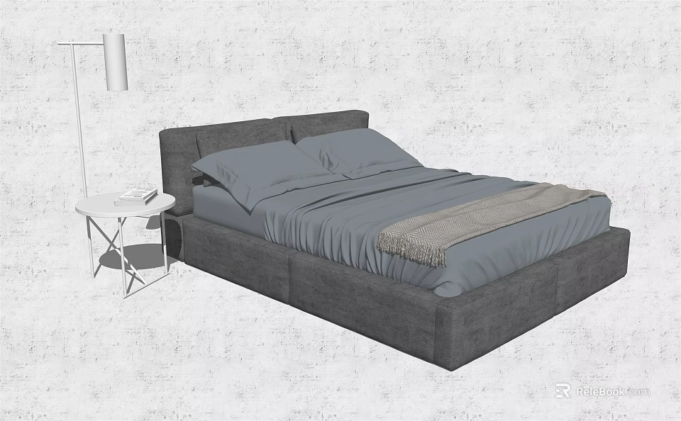 Modern Double Bed with Gray Headboard Bedding Throw Blanket and White Nightstand Table Lamp 3d model 