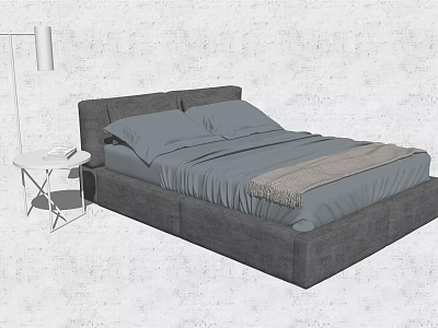 Modern Double Bed with Gray Headboard Bedding Throw Blanket and White Nightstand Table Lamp 3d model
