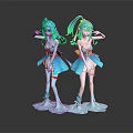 Two Blue Haired Bunny Ears Game Movie Character Figures With Blue Dresses And Flowing Base