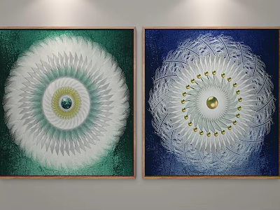 Two Decorative Paintings With Green Blue Backgrounds And White Radial Patterns With Central Gold Elements 3d model