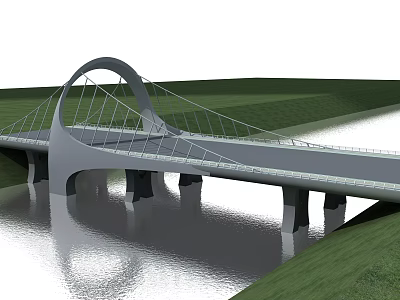 Modern Cable Stayed Landscape Bridge With Curved Arch Spanning Water And Green Grass 3d model