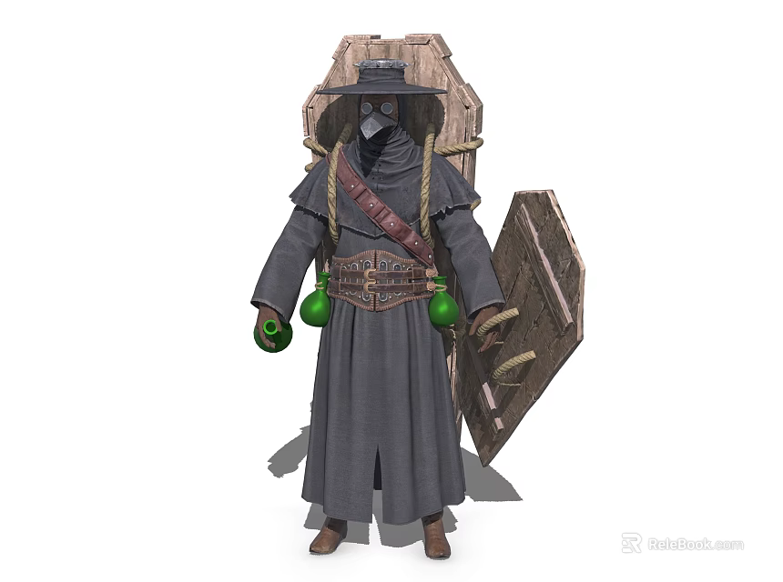Mysterious Character In Gray Robe With Mask Wooden Box And Green Bottles Holding Wooden Shield 3d model 