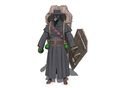 Mysterious Character In Gray Robe With Mask Wooden Box And Green Bottles Holding Wooden Shield 3d model