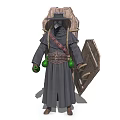 Mysterious Character In Gray Robe With Mask Wooden Box And Green Bottles Holding Wooden Shield