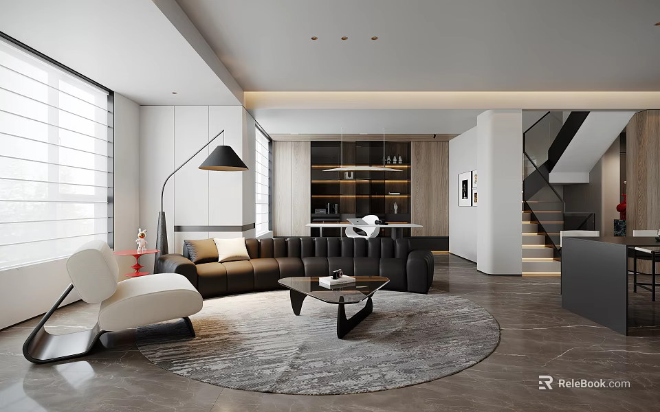 Modern Dining and Living Room Interior With Sofa Coffee Table Round Rug And Staircase 3d model 