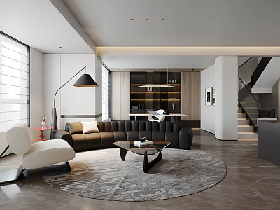 Modern Dining and Living Room Interior With Sofa Coffee Table Round Rug And Staircase 3d model