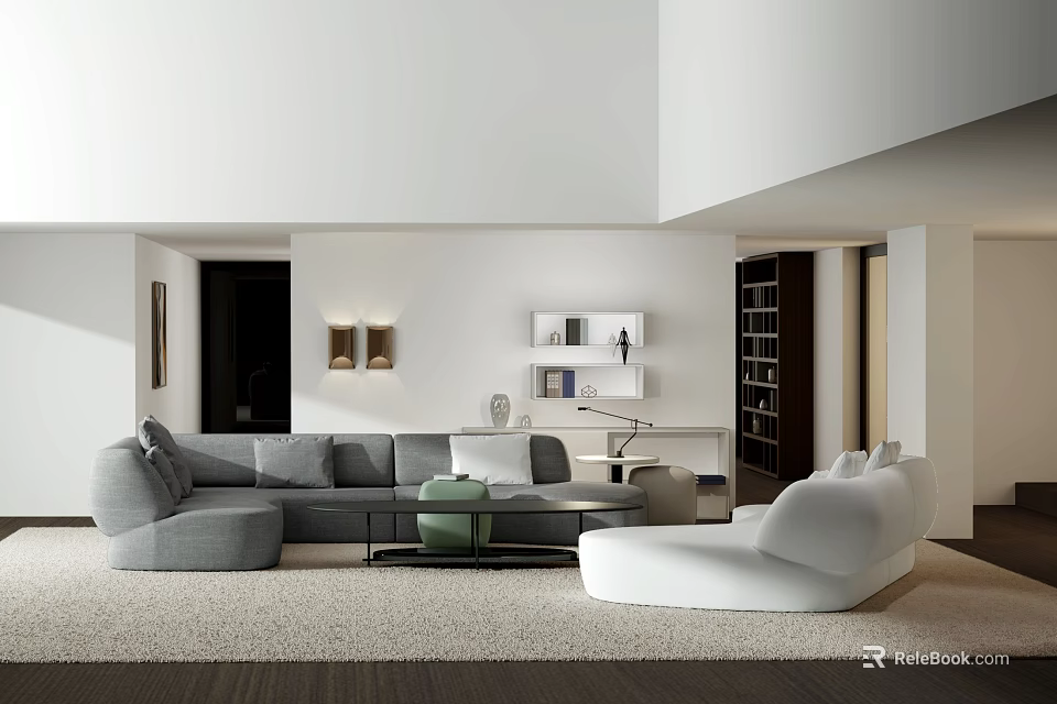 Modern Living Room Interior With Gray Sectional Sofa White Chair And Wooden Bookshelf 3d model 