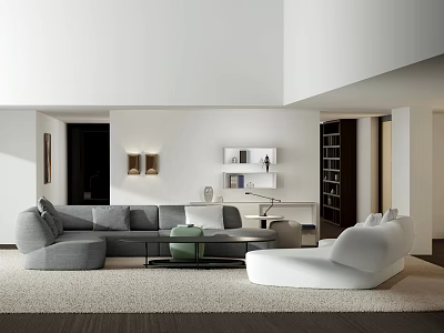 Modern Living Room Interior With Gray Sectional Sofa White Chair And Wooden Bookshelf 3d model