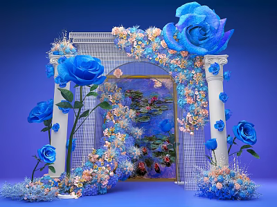 Event Entrance Archway With Blue Roses Pink Floral Decorations Water Lily Painting And White Columns 3d model