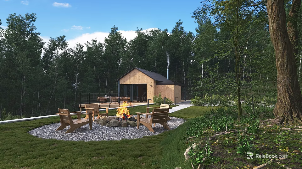 Cozy Detached Villa In Lush Forest With Outdoor Fire Pit Wooden Chairs And Green Lawn 3d model 