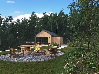 Cozy Detached Villa In Lush Forest With Outdoor Fire Pit Wooden Chairs And Green Lawn 3d model