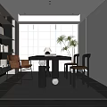Modern Study Room Interior Design With Bookshelves Large Windows Table Chairs And Potted Plant