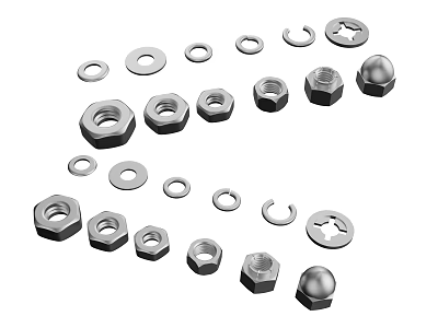 Various Metal Industrial Fasteners Including Nuts Washers And Bolt Heads 3d model