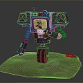 Robot Character And Mechanical Creature On Rocky Platform With Metal Arm Wheel And Orange Tool