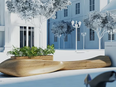 Wooden Outdoor Bench With Green Plants In Modern Architectural Garden Setting 3d model