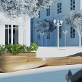Wooden Outdoor Bench With Green Plants In Modern Architectural Garden Setting