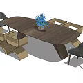Modern Oval Wooden Dining Table Set with Blue Flower Vase and Mixed Color Chairs