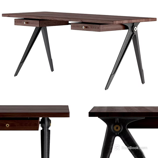 Modern Wooden Desk With Black Metal Legs And Drawer Storage Design 3d model 