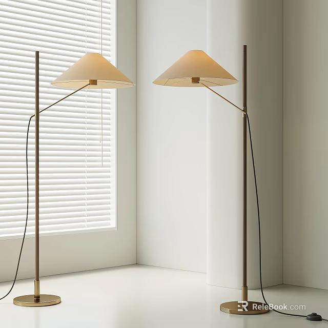Two Modern Floor Lamps With Light Colored Shades And Brass Poles By White Window Blinds 3d model 