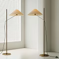Two Modern Floor Lamps With Light Colored Shades And Brass Poles By White Window Blinds