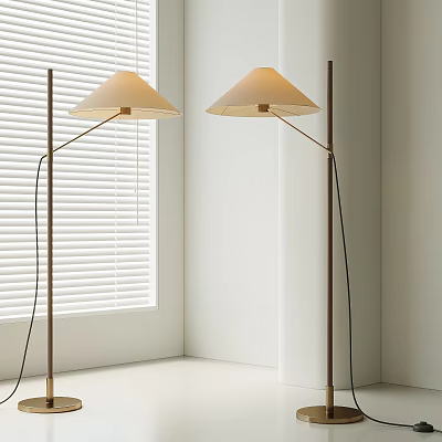 Two Modern Floor Lamps With Light Colored Shades And Brass Poles By White Window Blinds 3d model