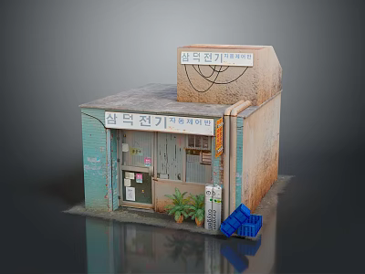 Detailed Vintage Shop Model With Rusty Walls Korean Signs Blue Crates And Potted Plant 3d model