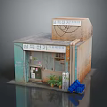 Detailed Vintage Shop Model With Rusty Walls Korean Signs Blue Crates And Potted Plant