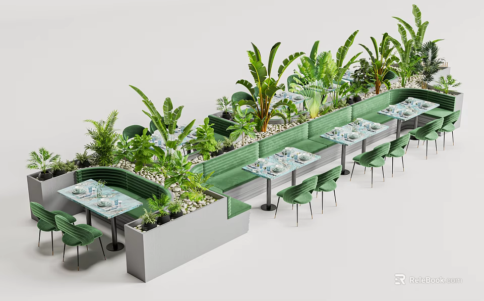 Modern Booth Sofa Interior With Green Plants Dining Tables And Chairs 3d model 