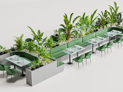 Modern Booth Sofa Interior With Green Plants Dining Tables And Chairs 3d model