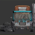 Blue Toy Truck Doll With Cracked Windshield Orange Container And Silver Trash Can Lids