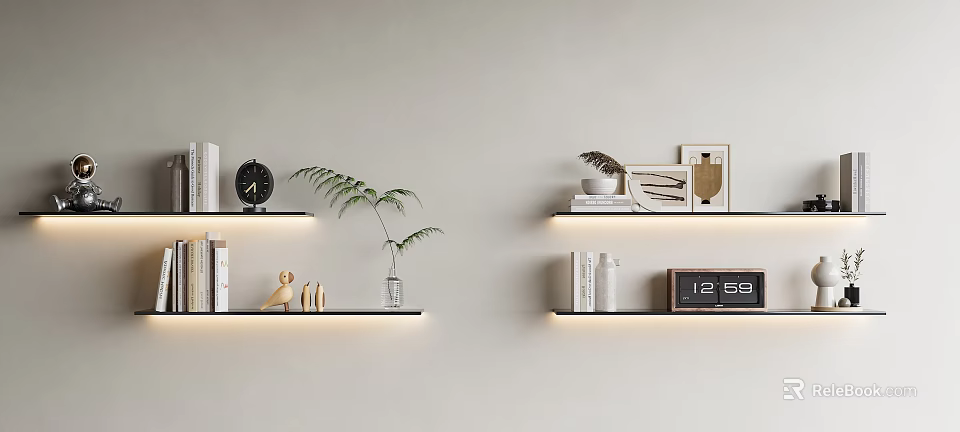 Lighted Decorative Wall Shelves With Books Clock Fern Plant Photo Frames And Potted Plant 3d model 