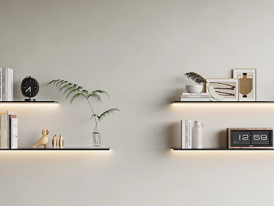 Lighted Decorative Wall Shelves With Books Clock Fern Plant Photo Frames And Potted Plant 3d model