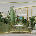 Modern Restaurant Interior With Curved Design Green Plants Gold Accents And Sculpture