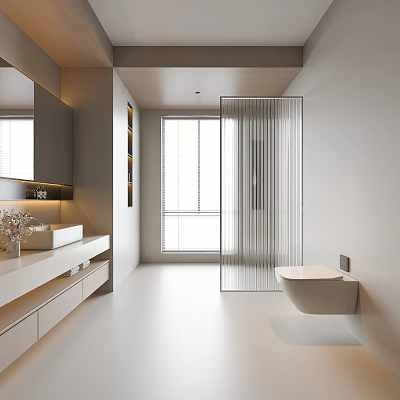 Modern Bathroom Interior Design With White Vanity Mirror Shower Enclosure And Natural Light 3d model