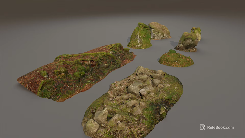 Natural Stone and Wood Elements Covered with Green Moss and Rustic Textures in Outdoor Setting 3d model 