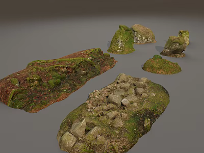 Natural Stone and Wood Elements Covered with Green Moss and Rustic Textures in Outdoor Setting 3d model