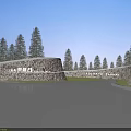 Natural Stone Scenic Wall in Outdoor Landscape Surrounded by Tall Green Trees