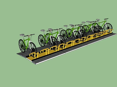 Row Of Green Bicycles Neatly Parked On Yellow Bicycle Rack 3d model