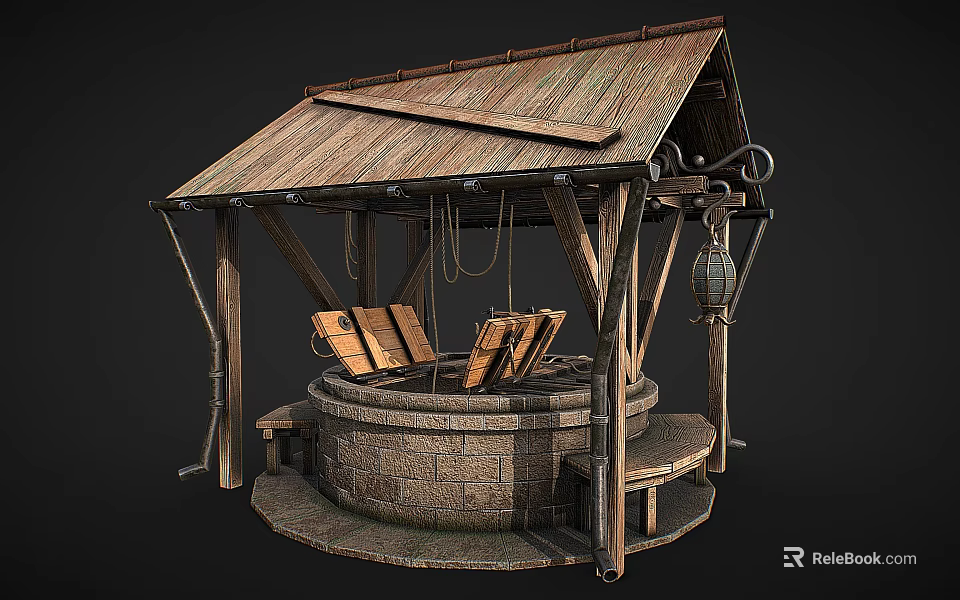Ancient Well Structure With Rustic Wooden Roof And Traditional Stone Wall Design 3d model 
