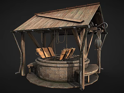 Ancient Well Structure With Rustic Wooden Roof And Traditional Stone Wall Design 3d model