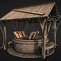 Ancient Well Structure With Rustic Wooden Roof And Traditional Stone Wall Design