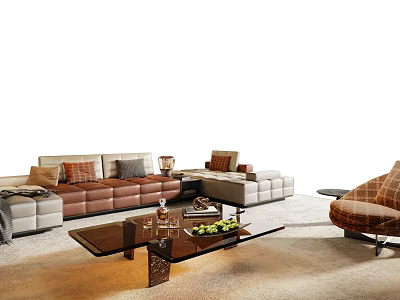 Modern Sofa Coffee Table Set With Leather Upholstery Glass Top And Decorative Pillows 3d model