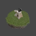 Tree Stump With Black Stone And White Bowl On Green Grass With Soil