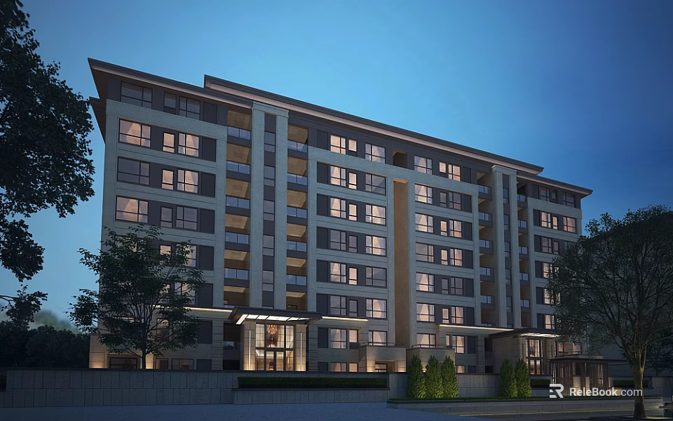 Modern Multi Storey Residential Building With Bright Windows Landscaping And Entrance Lighting 3d model 