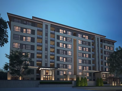 Modern Multi Storey Residential Building With Bright Windows Landscaping And Entrance Lighting 3d model