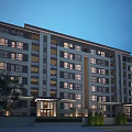 Modern Multi Storey Residential Building With Bright Windows Landscaping And Entrance Lighting