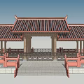 Traditional Chinese Style Landscape Pavilion With Red Tiled Roof Wooden Beams And Railings
